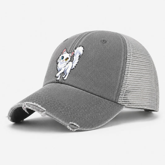 Turkish Angora Tail Up Peeking Cats Washed Trucker Hat – Grey