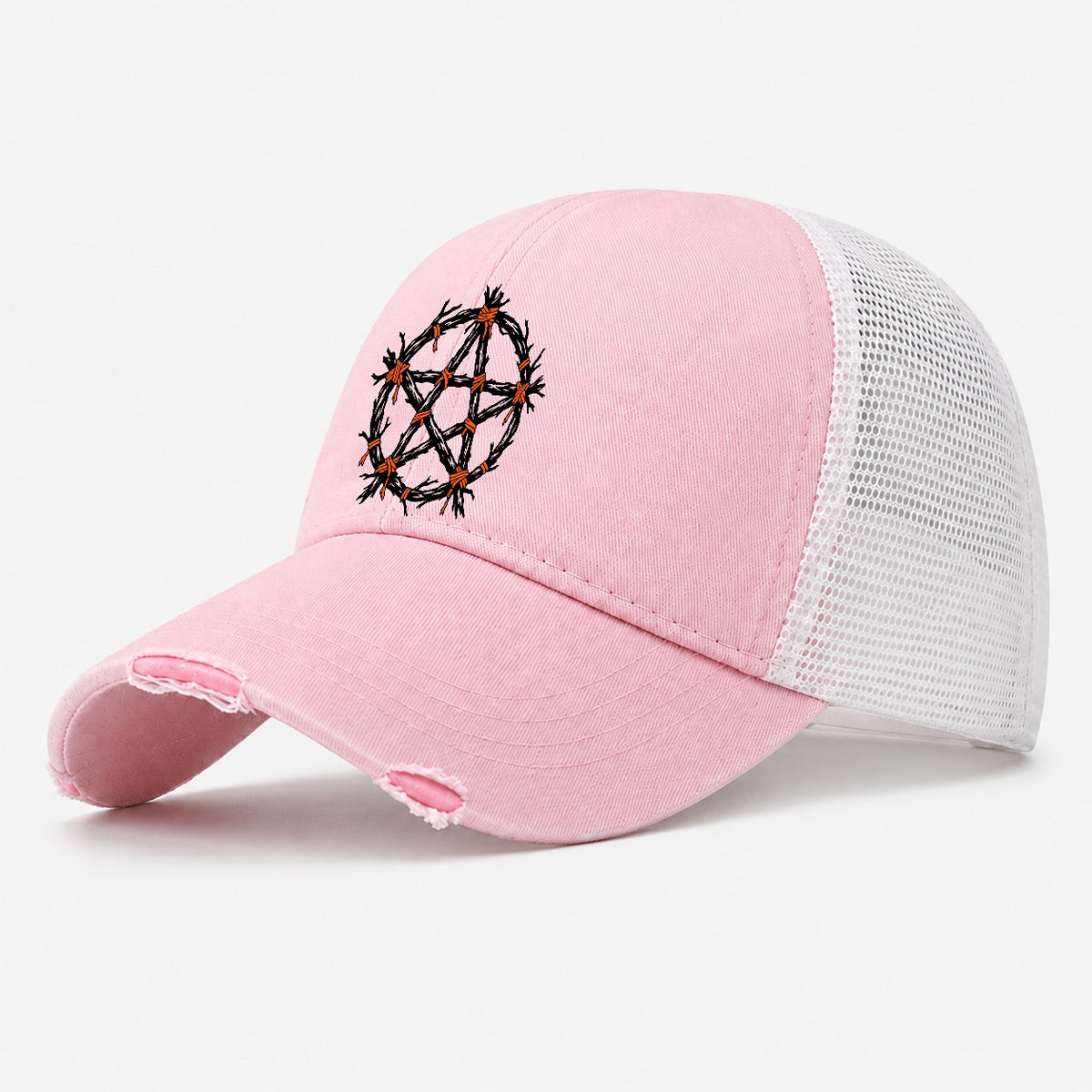 Twig Bound Pentacle Witch Magic Washed Trucker Hat – Light Pink