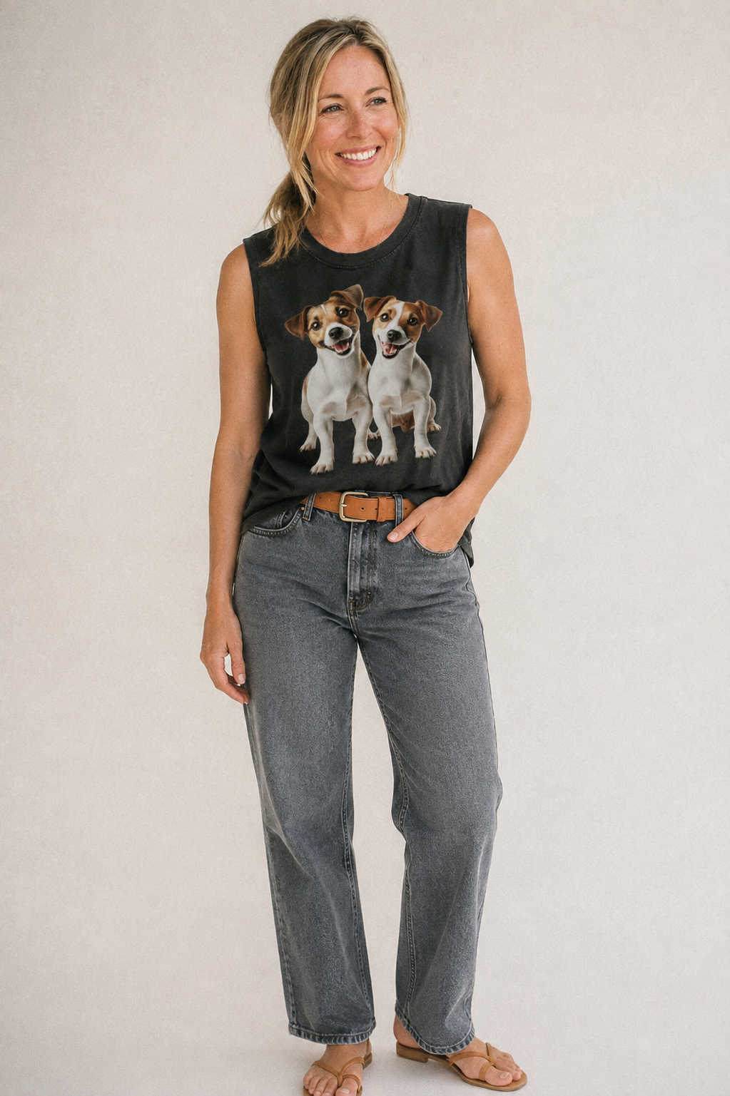 Two Jack Russels Vintage Washed Tank – studio model photo