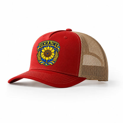 Ukraine Retro Badge Country Logos Trucker Hat – Red Khaki