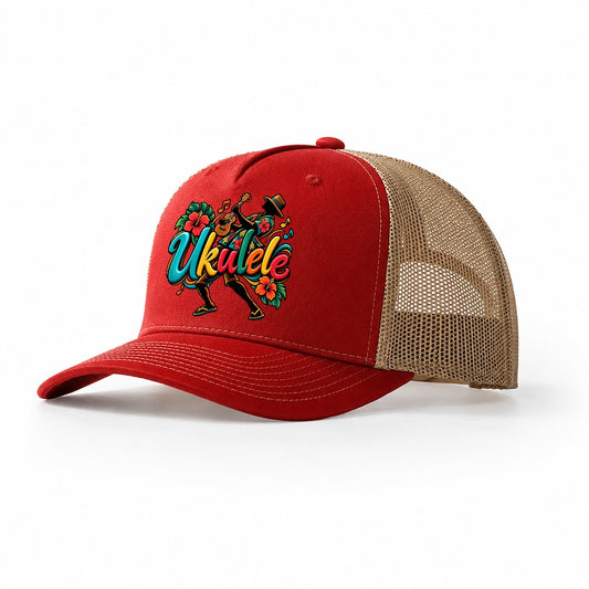 Ukulele Wordmark Music Instruments Trucker Hat – Red Khaki