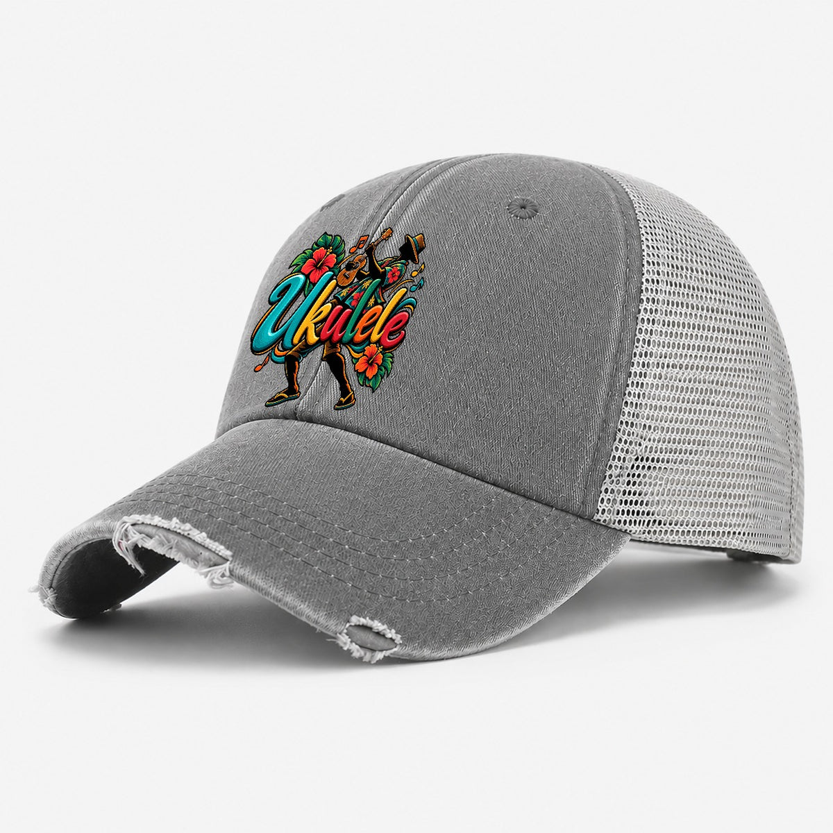 Ukulele Wordmark Music Instruments Washed Trucker Hat – Grey