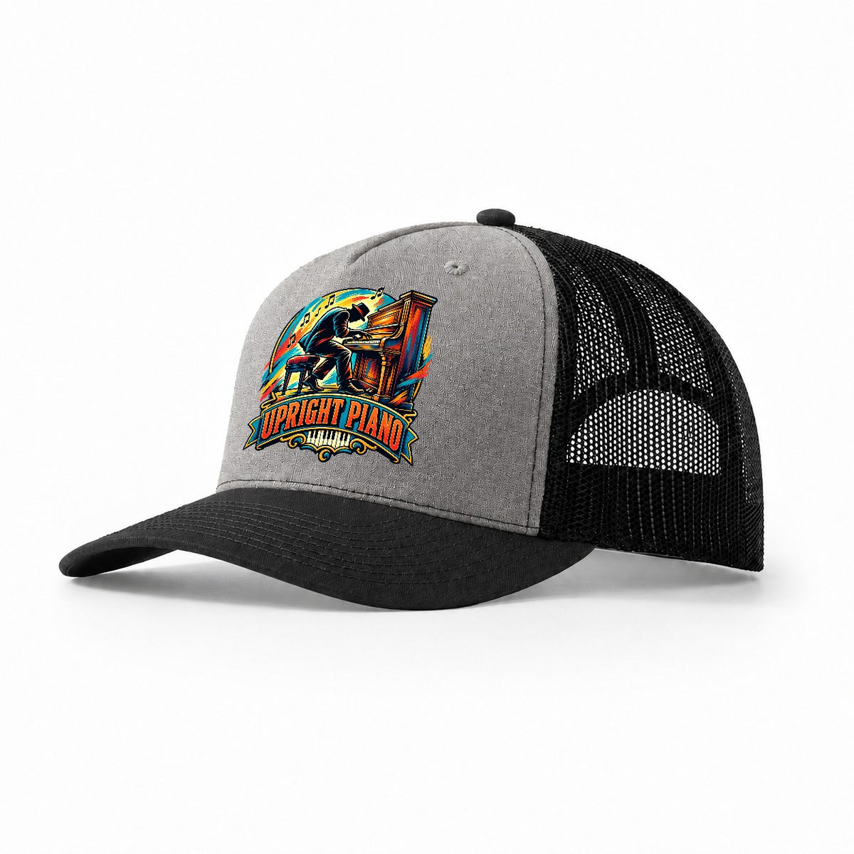 Upright Piano Crest Music Instruments Trucker Hat – Grey Black