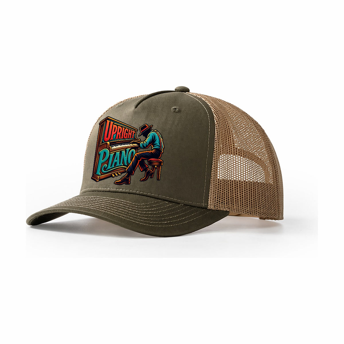 Upright Piano Wordmark Music Instruments Trucker Hat – Olive Khaki