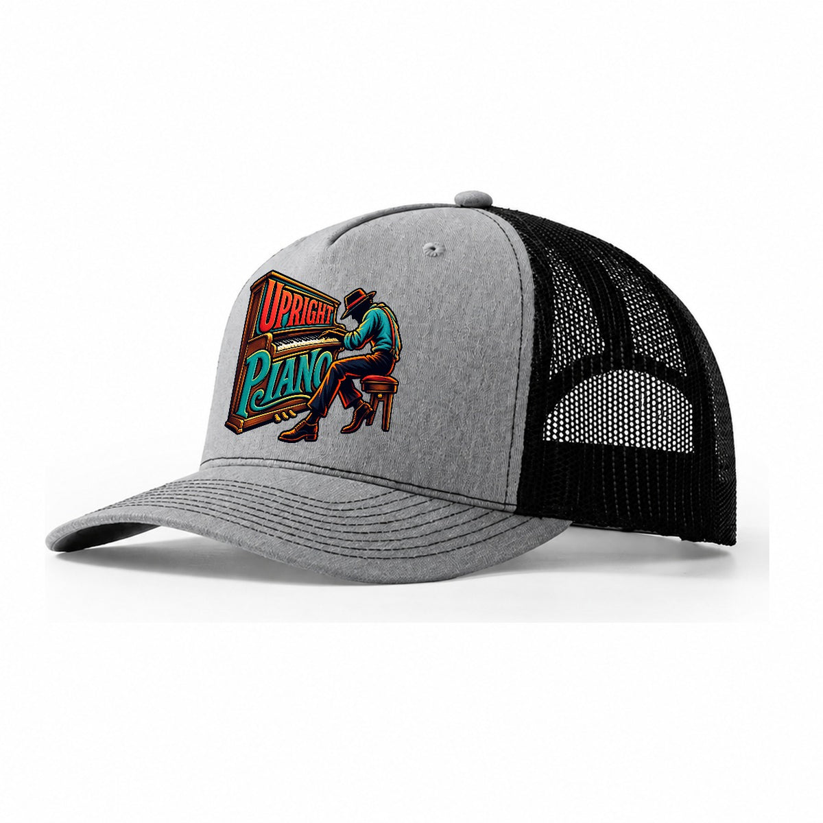 Upright Piano Wordmark Music Instruments Trucker Hat – Sport Grey Black