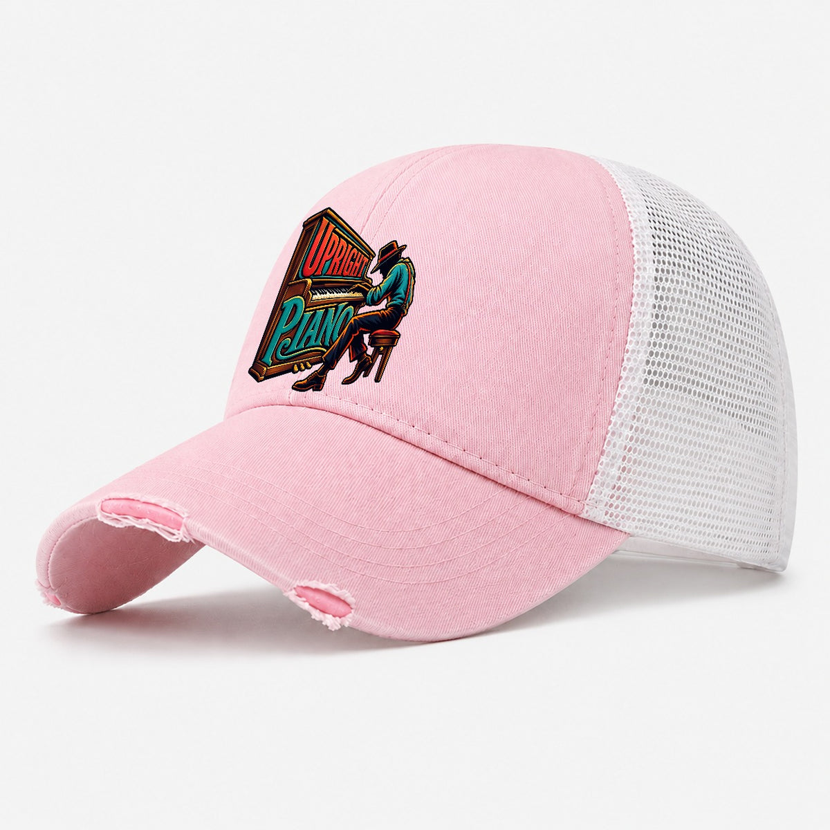 Upright Piano Wordmark Music Instruments Washed Trucker Hat – Light Pink