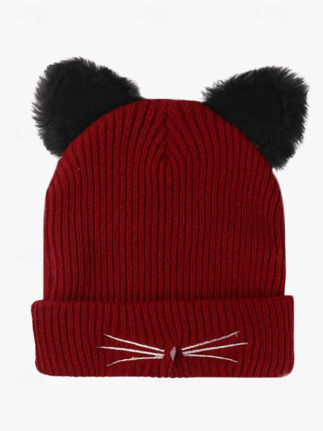 Women's Cute Cat Ear Beanie – Burgundy Knit Hat with Faux Fur Ears and Whisker Embroidery, Cozy and Stylish Winter Accessory