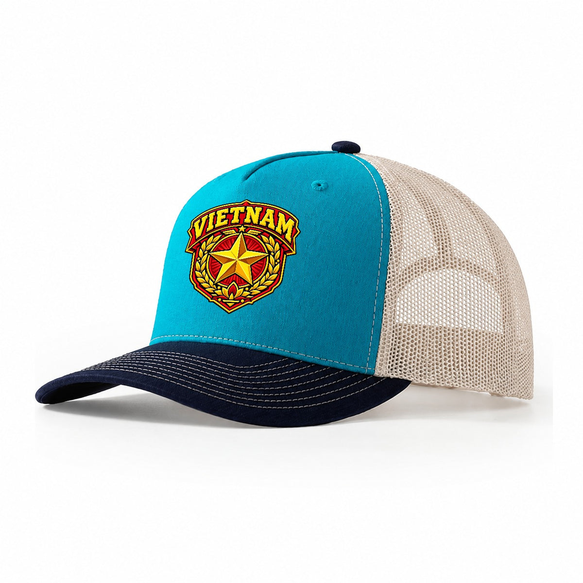 Vietnam Retro Badge Country Logos Trucker Hat – Teal Navy