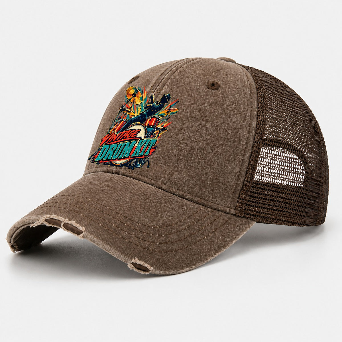 Vintage Drum Kit Music Instruments Washed Trucker Hat – Coffee