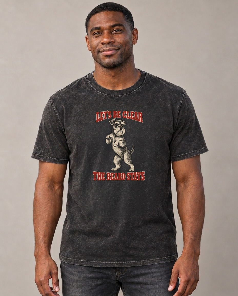 Miniature Schnauzer Dog Declarations Vintage T-shirt – black, small print on model (AI mockup)