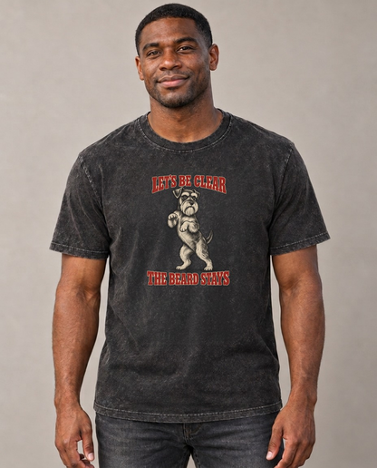 Miniature Schnauzer Dog Declarations Vintage T-shirt – black, small print on model (AI mockup)