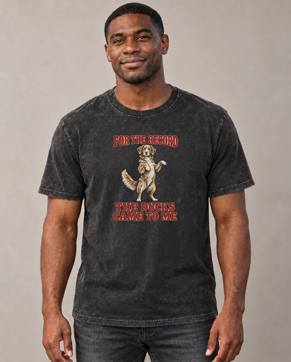 Nova Scotia Duck Tolling Retriever Dog Declarations Vintage T-shirt – black, small print on model (AI mockup)