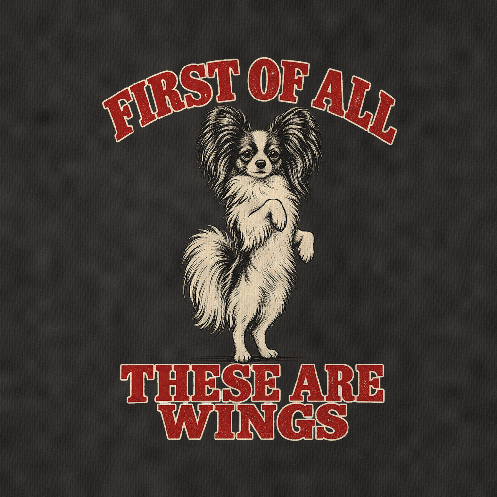 Papillon Dog Declarations Vintage T-shirt – black, print and cotton detail (AI mockup)