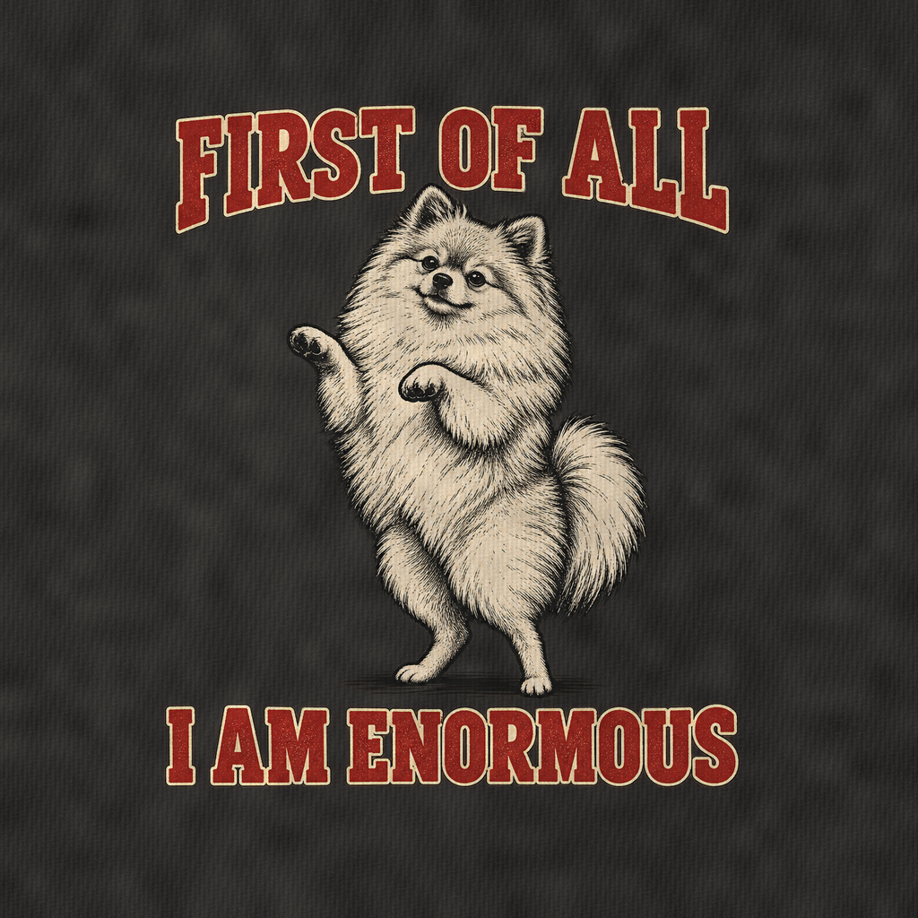 Pomeranian Dog Declarations Vintage T-shirt – black, print and cotton detail (AI mockup)