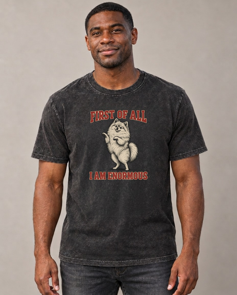 Pomeranian Dog Declarations Vintage T-shirt – black, small print on model (AI mockup)