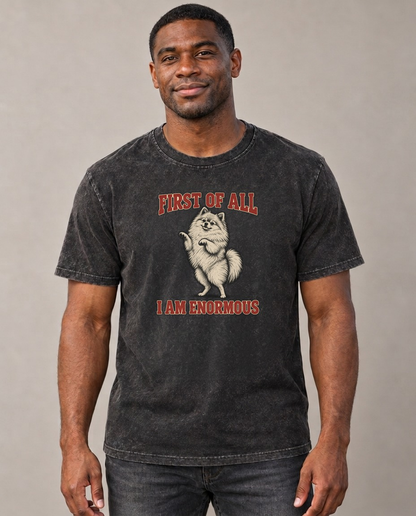 Pomeranian Dog Declarations Vintage T-shirt – black, small print on model (AI mockup)