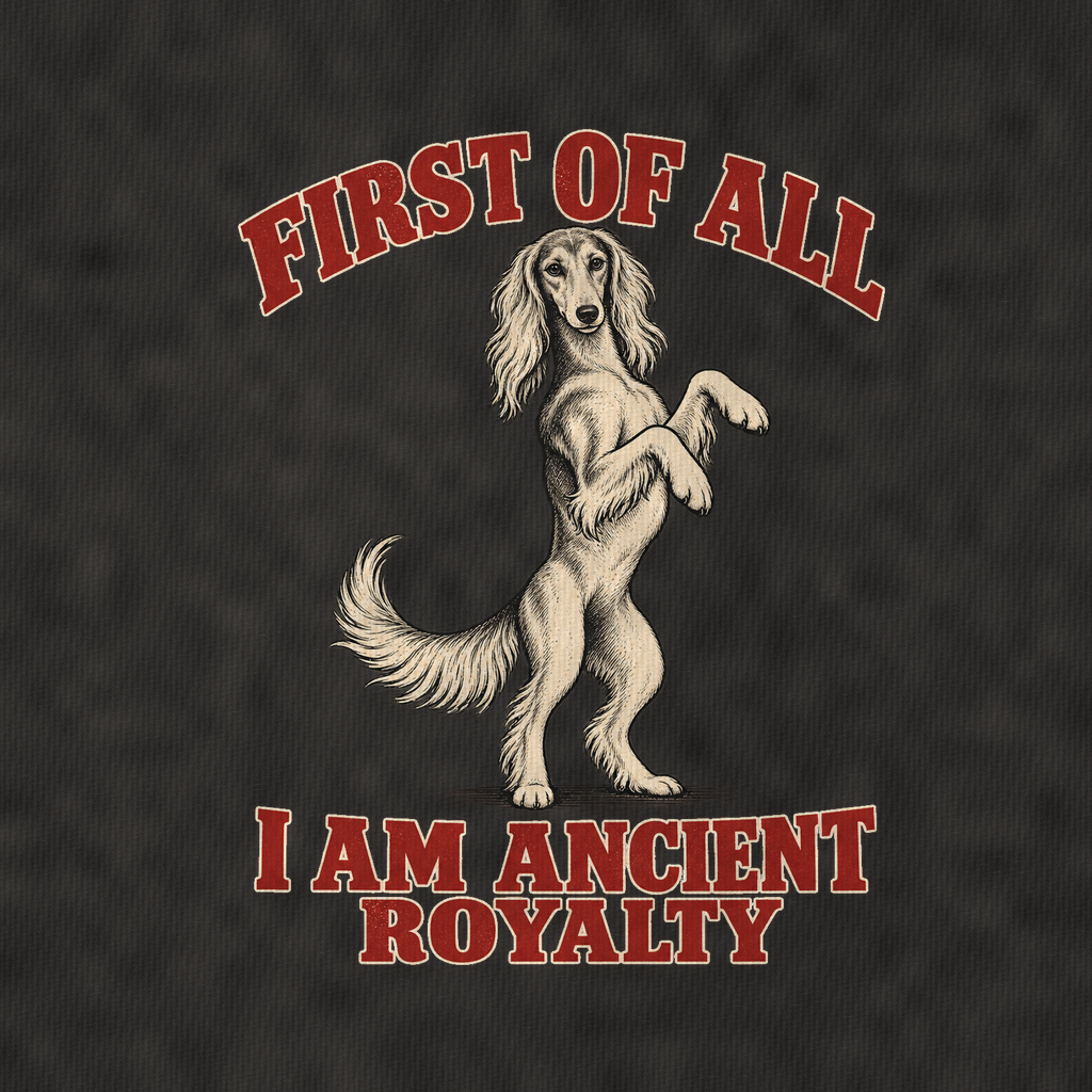 Saluki Dog Declarations Vintage T-shirt – black, print and cotton detail (AI mockup)