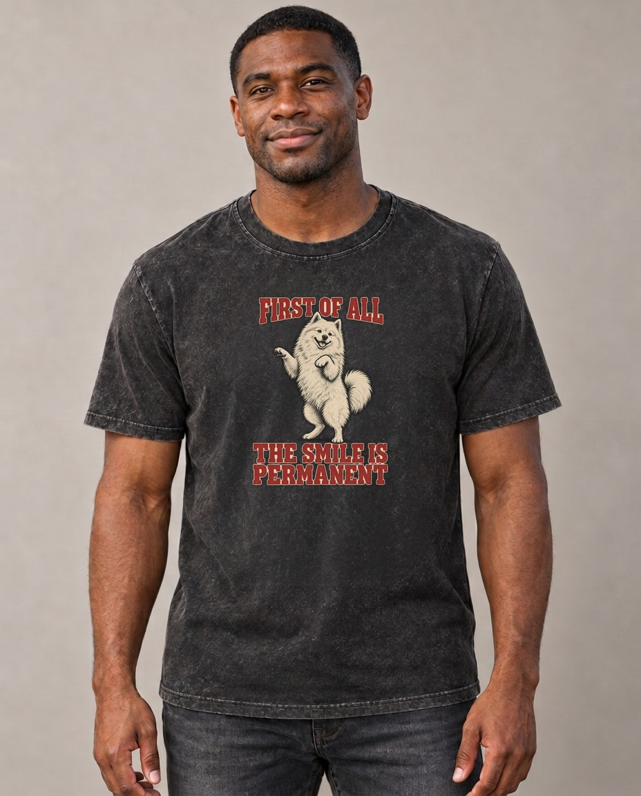 Samoyed Dog Declarations Vintage T-shirt – black, small print on model (AI mockup)
