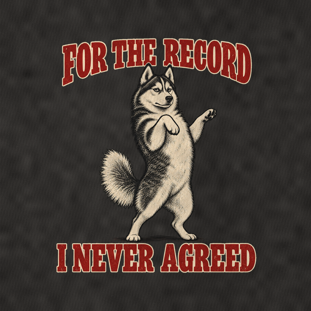 Siberian Husky Dog Declarations Vintage T-shirt – black, print and cotton detail (AI mockup)