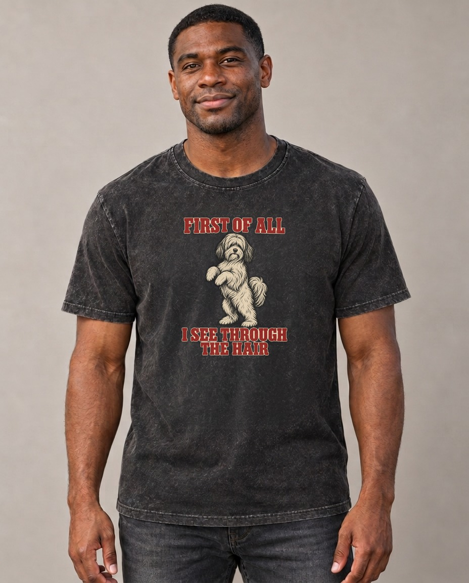 Tibetan Terrier Dog Declarations Vintage T-shirt – black, small print on model (AI mockup)