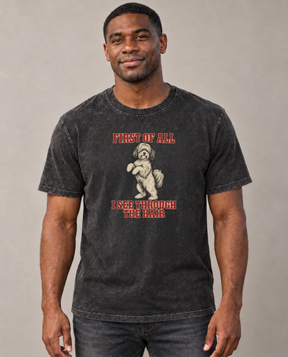 Tibetan Terrier Dog Declarations Vintage T-shirt – black, small print on model (AI mockup)