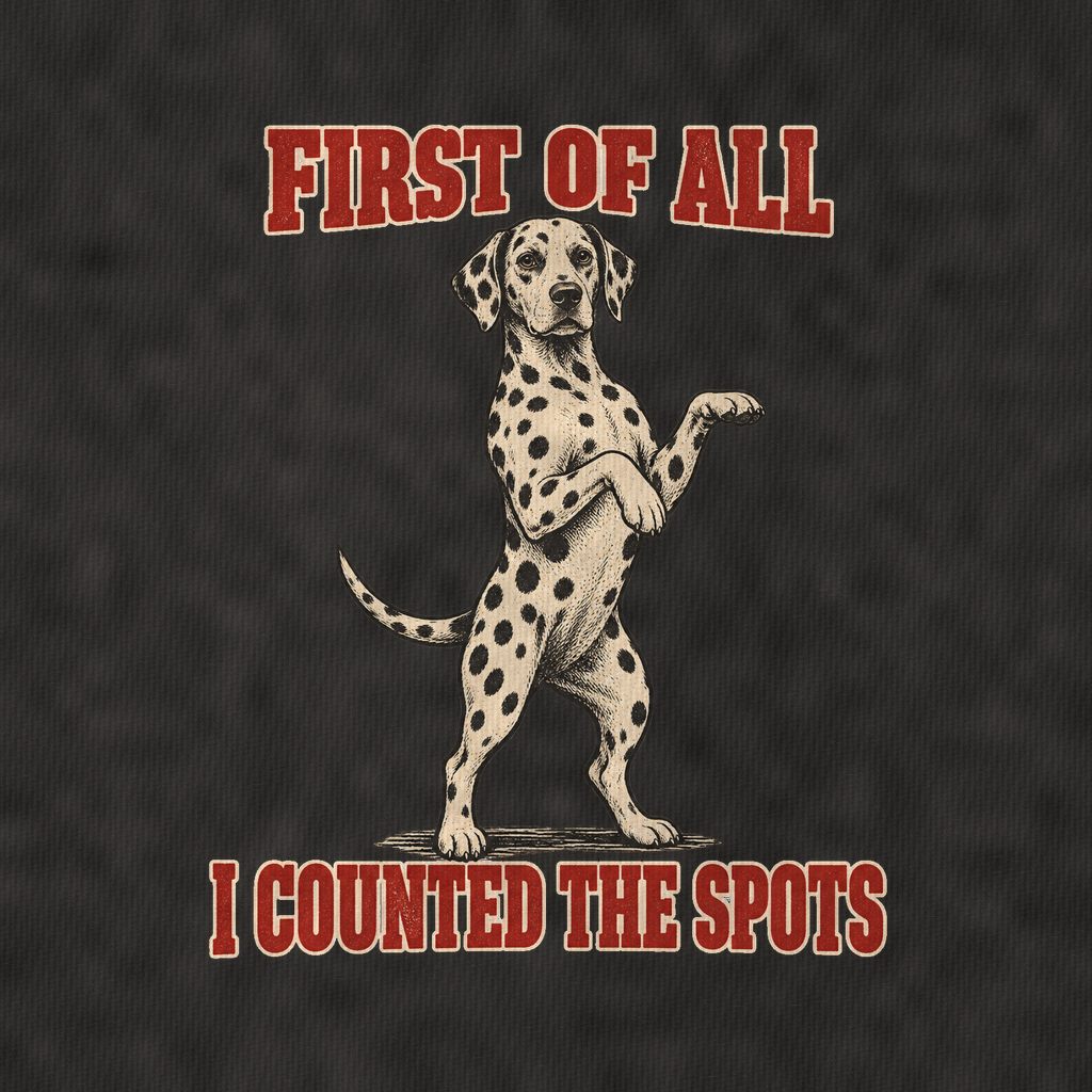 Dalmatian Dog Declarations Vintage T-shirt – black, print and cotton detail (AI mockup)