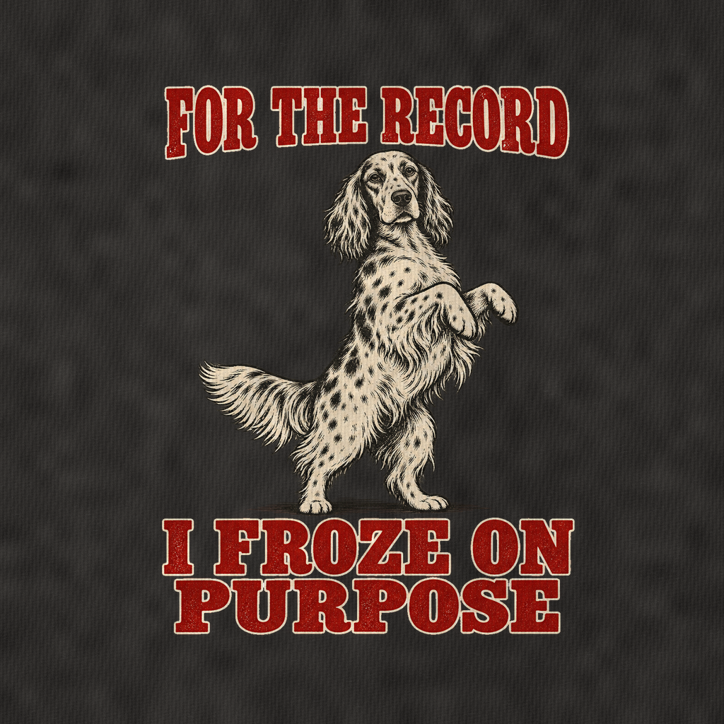 English Setter Dog Declarations Vintage T-shirt – black, print and cotton detail (AI mockup)