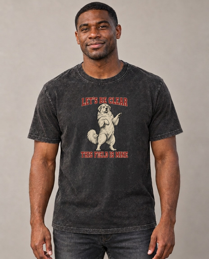Great Pyrenees Dog Declarations Vintage T-shirt – black, small print on model (AI mockup)
