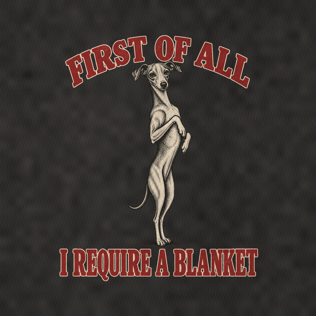 Italian Greyhound Dog Declarations Vintage T-shirt – black, print and cotton detail (AI mockup)