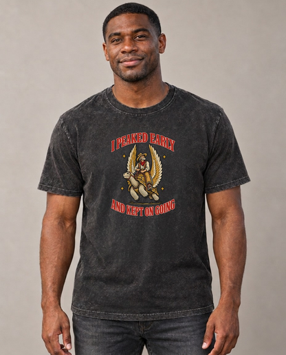 And Kept On Going Unhinged Affirmations Vintage T-shirt – black, small print on model (AI mockup)