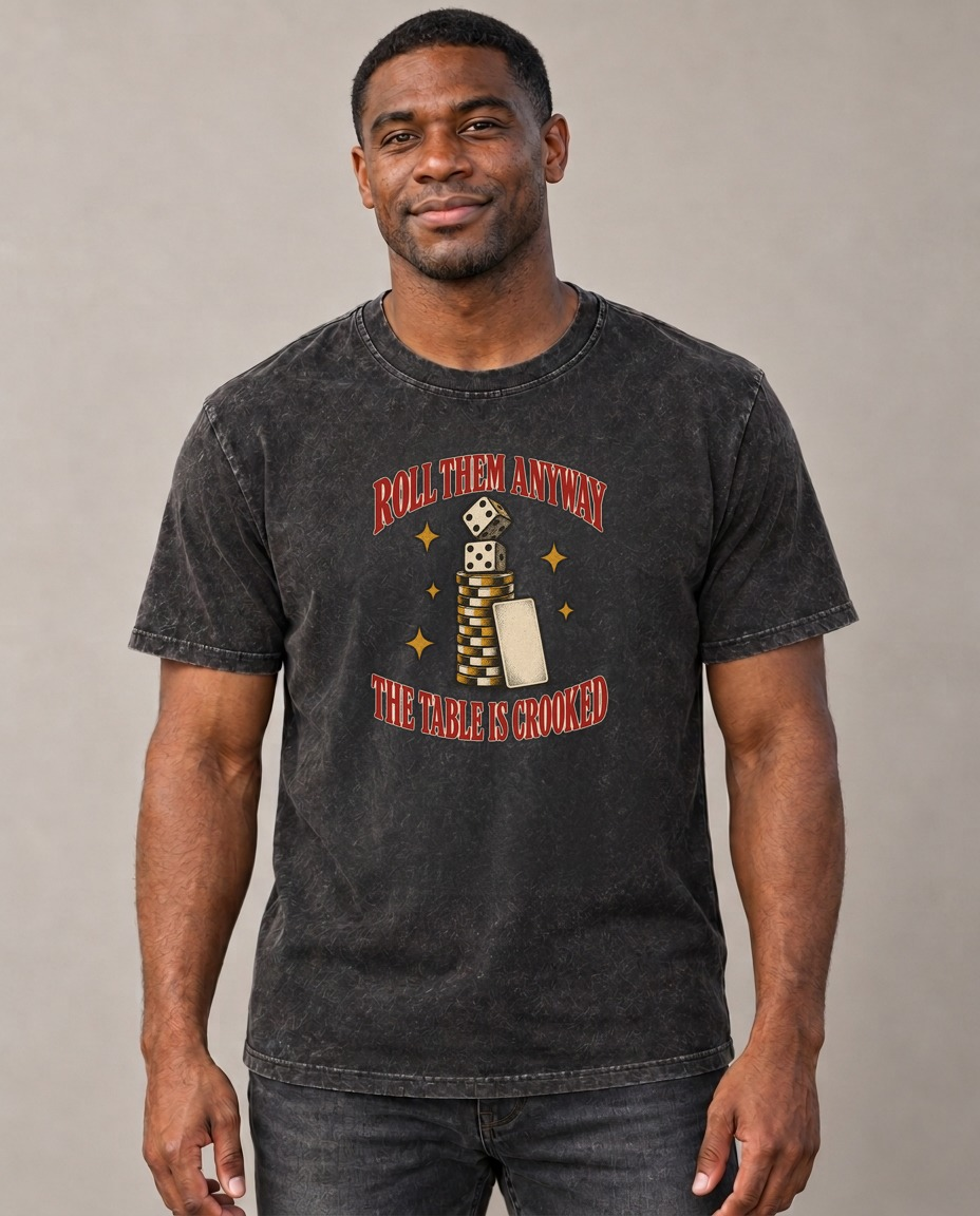 The Table Is Crooked Unhinged Affirmations Vintage T-shirt – black, small print on model (AI mockup)