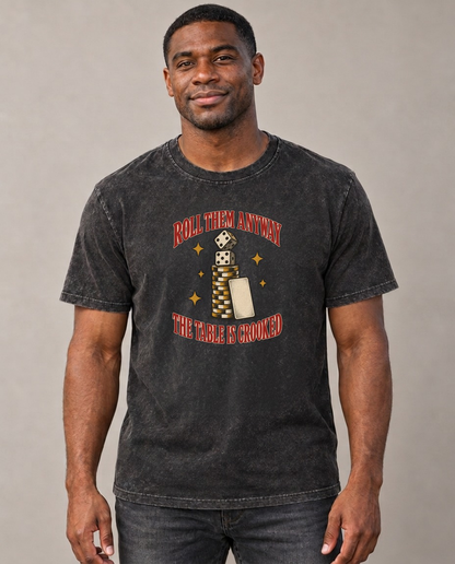 The Table Is Crooked Unhinged Affirmations Vintage T-shirt – black, small print on model (AI mockup)