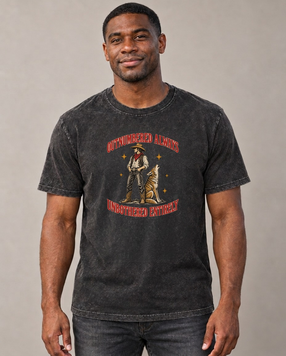 Unbothered Entirely Unhinged Affirmations Vintage T-shirt – black, small print on model (AI mockup)