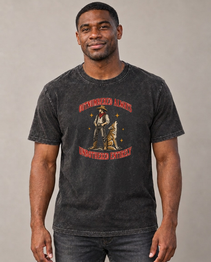 Unbothered Entirely Unhinged Affirmations Vintage T-shirt – black, small print on model (AI mockup)