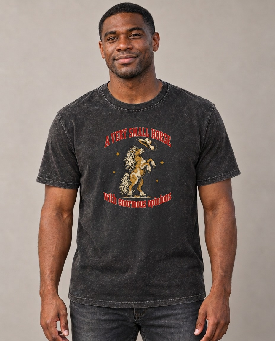 With Enormous Opinions Unhinged Affirmations Vintage T-shirt – black, small print on model (AI mockup)