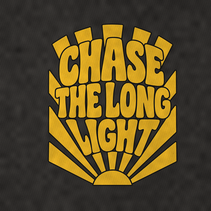 Chase The Long Light Sunburst Sayings Vintage T-shirt – black, print and cotton detail (AI mockup)