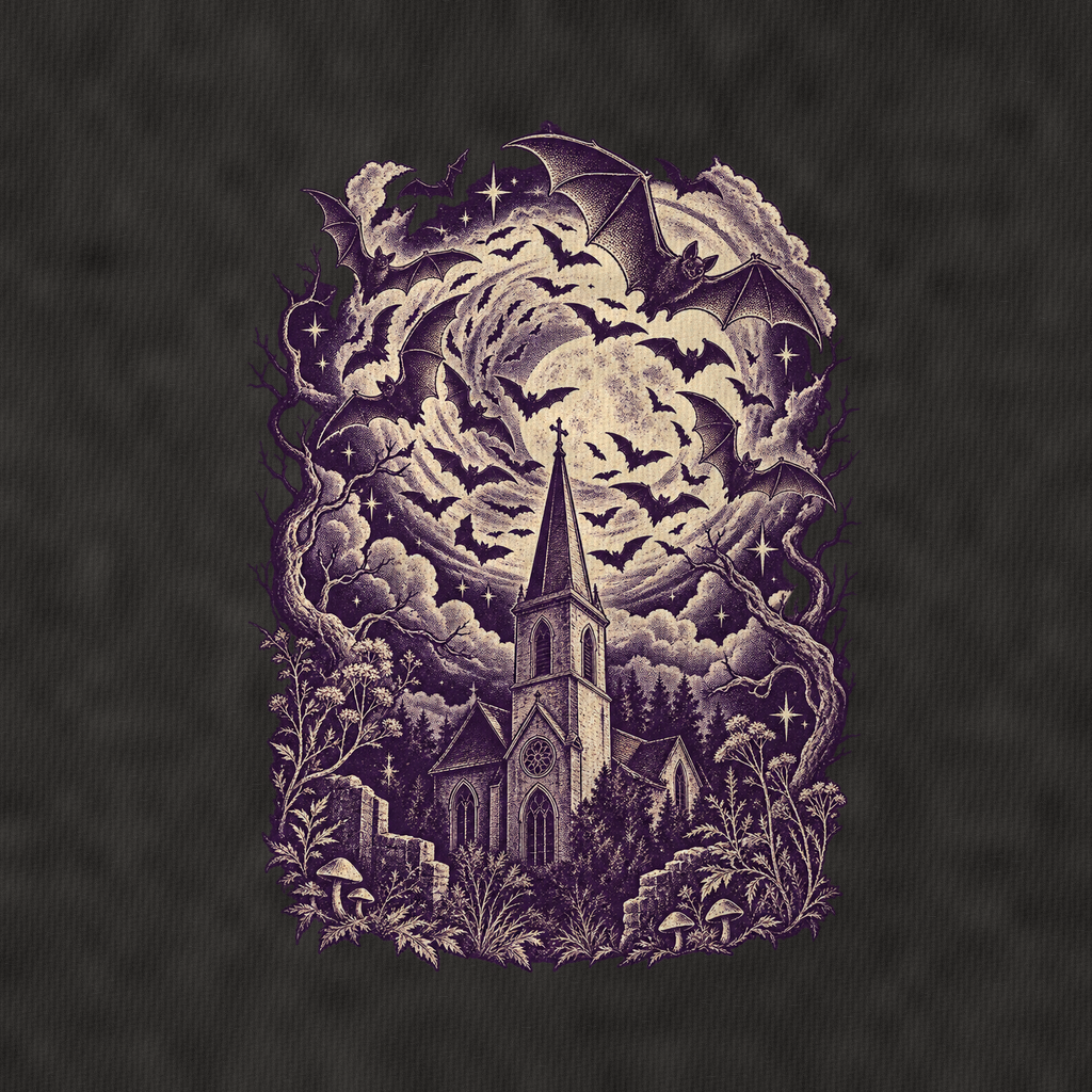 Bats Over The Steeple Midnight Haunt Vintage T-shirt – black, print and cotton detail (AI mockup)