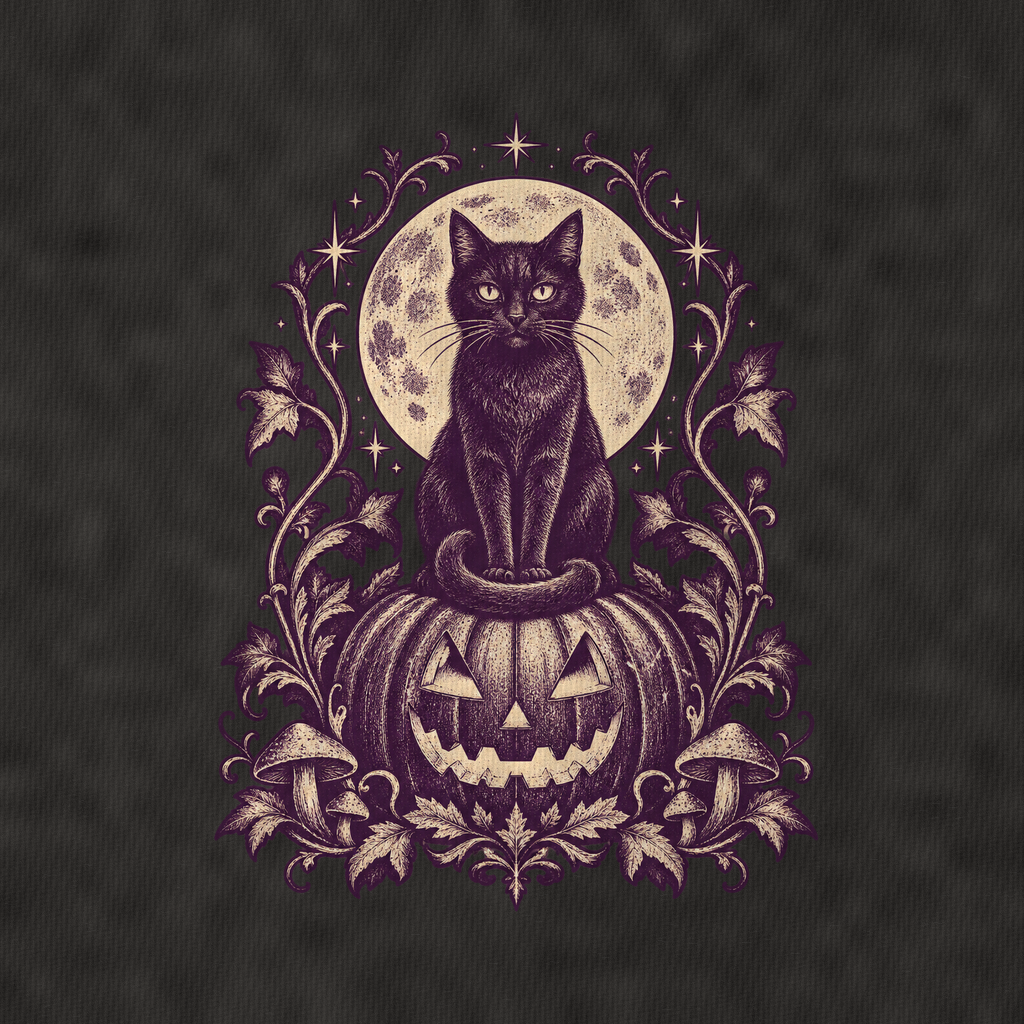 Black Cat Jack O Lantern Midnight Haunt Vintage T-shirt – black, print and cotton detail (AI mockup)