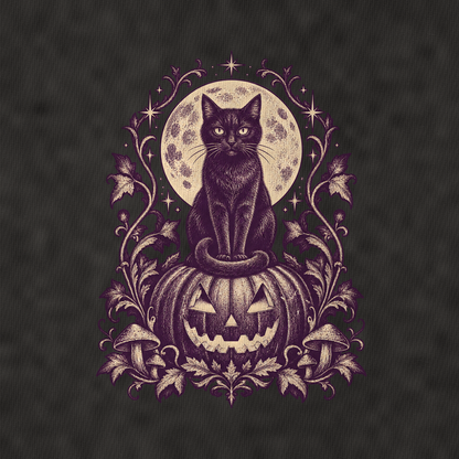 Black Cat Jack O Lantern Midnight Haunt Vintage T-shirt – black, print and cotton detail (AI mockup)