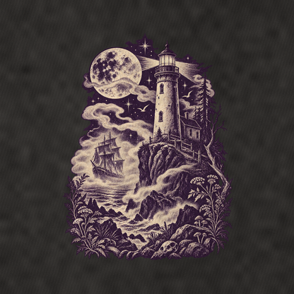 Lighthouse Ghost Ship Midnight Haunt Vintage T-shirt – black, print and cotton detail (AI mockup)