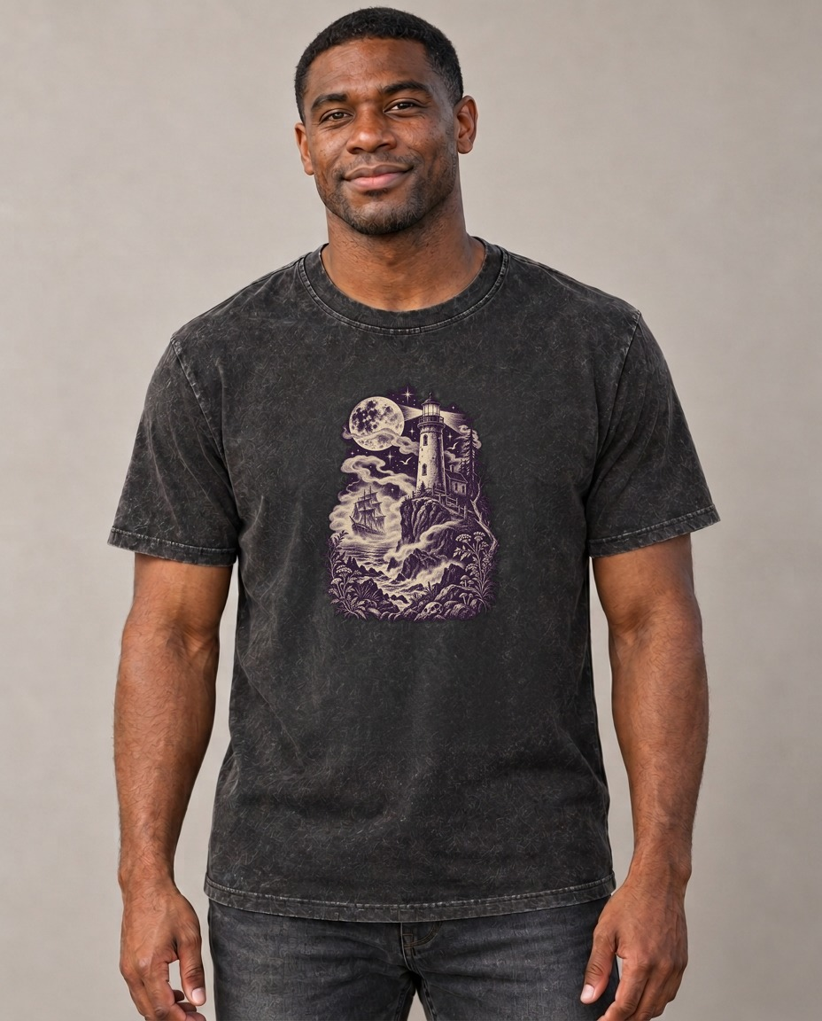 Lighthouse Ghost Ship Midnight Haunt Vintage T-shirt – black, small print on model (AI mockup)