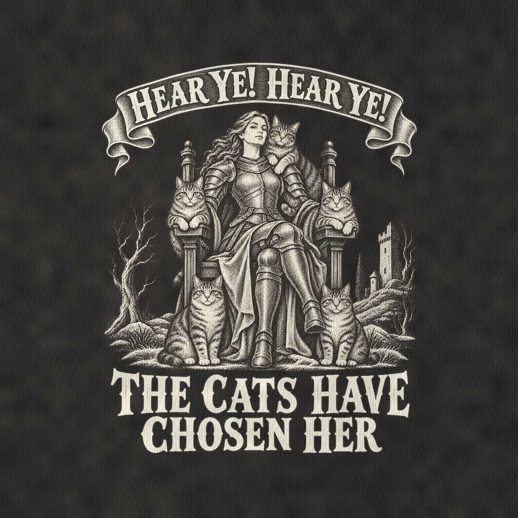 The Cat Lady And Her Court Royal Decree Vintage T-shirt – black, print and cotton detail (AI mockup)