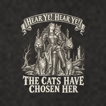 The Cat Lady And Her Court Royal Decree Vintage T-shirt – black, print and cotton detail (AI mockup)