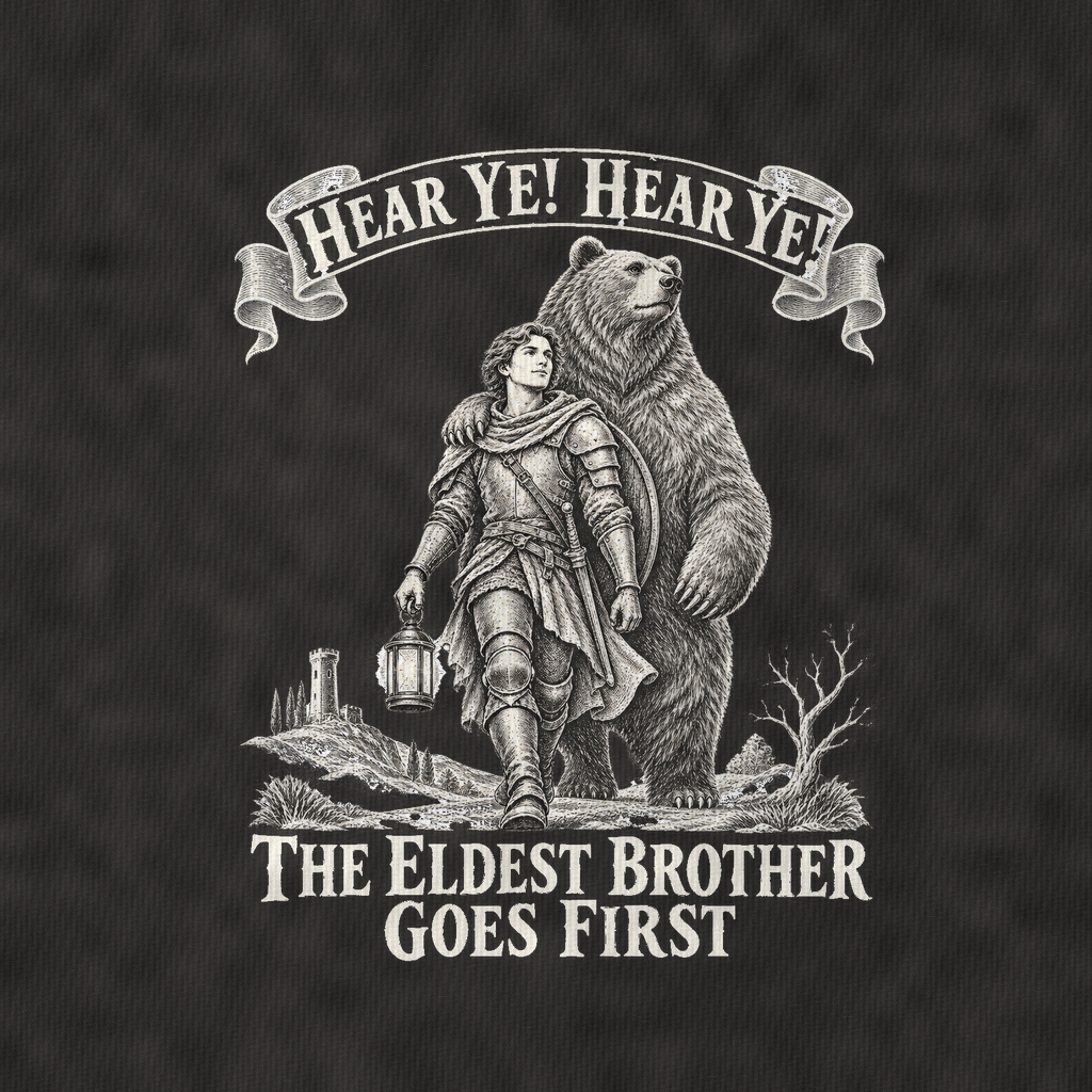 The Eldest Brother And The Bear Royal Decree Vintage T-shirt – black, print and cotton detail (AI mockup)