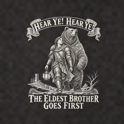 The Eldest Brother And The Bear Royal Decree Vintage T-shirt – black, print and cotton detail (AI mockup)