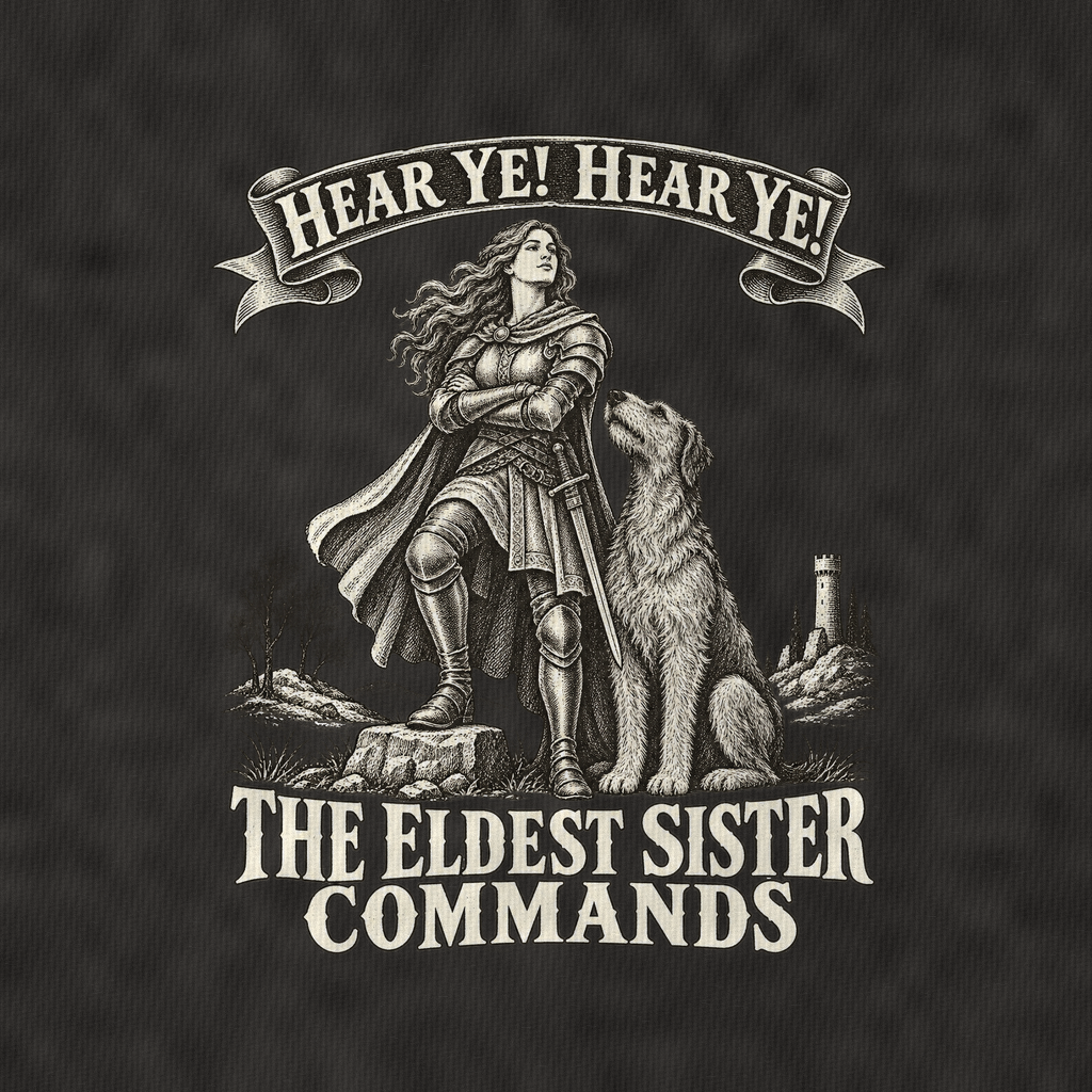 The Eldest Sister And The Wolfhound Royal Decree Vintage T-shirt – black, print and cotton detail (AI mockup)