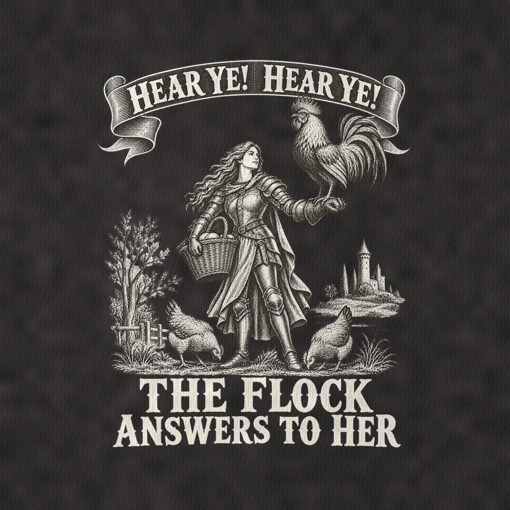 The Flock Keeper And The Rooster Royal Decree Vintage T-shirt – black, print and cotton detail (AI mockup)