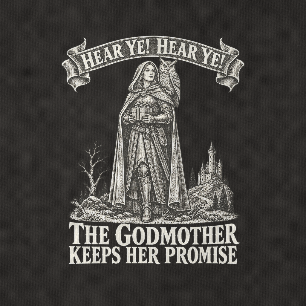 The Godmother And The Owl Royal Decree Vintage T-shirt – black, print and cotton detail (AI mockup)