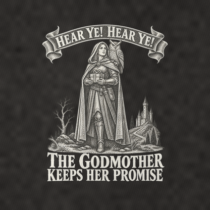 The Godmother And The Owl Royal Decree Vintage T-shirt – black, print and cotton detail (AI mockup)