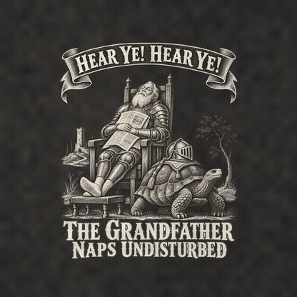 The Grandfather On A Tortoise Royal Decree Vintage T-shirt – black, print and cotton detail (AI mockup)